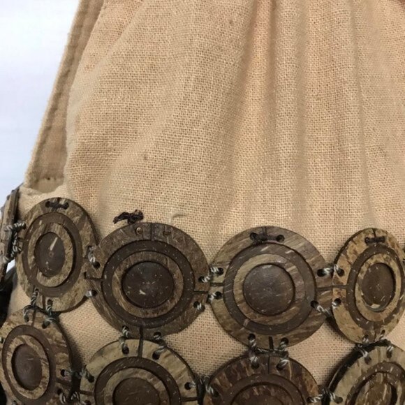 Boho Linen Fabric Handbag Purse with Wood Handles  Coconut Shell Bead Design - Picture 5 of 6